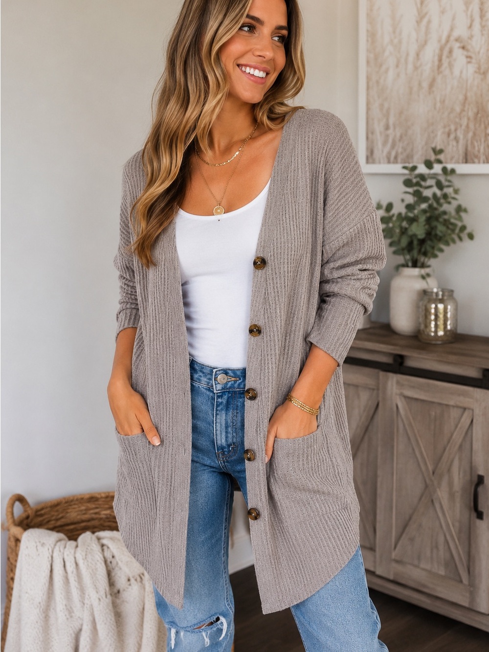 Mud Pie Lewis Waffle Cardigan NWT Taupe Oversized Button Front M/L Women Casual